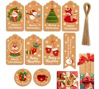 Aujzoo - Lot de 50 étiquettes de Noël en papier kraft, 10 styles, avec 50 cordes de chanvre pour décorer les sapins de Noël ou l'emballage