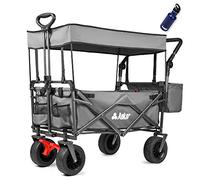 AUKAR Collapsible Canopy Wagon - Heavy Duty Utility Outdoor Foldable Garden Cart - with Adjustable Push Pulling Handles,Big Wheels for Sand, for Shopping, Picnic, Camping, Sports - Grey