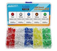 AUKENIEN 500 Pièces 5MM Diode LED Kit D'assortiment de Diodes Électroluminescentes Tête Ronde Bi-pin LED Ensemble de Diodes Diffuses de Lumière 5 couleurs Rouge Bleu Jaune Vert Blanc