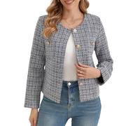 AUKLETBLIEF Veste blazer en tweed pour femme - Manches longues, grand col rond, manteau business décontracté, chic et confortable pour toutes les occasions, bleu, S