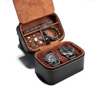 AUKURA Boîte de rangement pour montres de voyage à 2 emplacements en cuir rigide pour montres jusqu'à 52 mm, avec insert pour accessoires. (Noir, 2 emplacements)