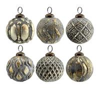 AuldHome - Lot de 6 Boules décoratives de Style Rustique - Gris argenté - Boules de Verre en métal Vieilli - Décorations de Noël de Style Vintage
