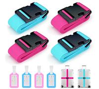 Aulese 4 Pièces Sangle Valise Voyage, Sangles à Bagage avec Code et Étiquette, Réglable Sangle pour Valise Accessoire de Voyage, Ceinture Sécurisée (2 Bleus + 2 Roses)