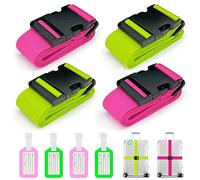 Aulese 4 Pièces Sangle Valise Voyage, Sangles à Bagage avec Code et Étiquette, Réglable Sangle pour Valise Accessoire de Voyage, Ceinture Sécurisée (2 Roses + 2 Verts)