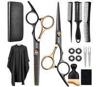 AULikY Lot de 15 ciseaux de coupe de cheveux professionnels en acier inoxydable avec ciseaux à effiler, cape de barbier, peigne, clip et sac de rangement pour salon, maison, hommes, femmes, enfants