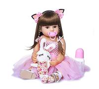 Aumotop Poupée de bébé Reborn en Silicone, Corps Complet, Poupée Endormie Réaliste, de Bain Mignonnes pour Bébés Tout-petits avec Tenue Chat Rose et Blanc pour Festivals et Cadeaux D'anniversaire