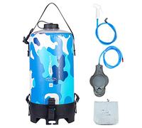 Aumotop Sac de Stockage d'eau avec Pompe à Pied et Tuyau de Buse Pulvérisation pour Douche Extérieure, Camping, Randonnée, Sac Douche Camping Portable 12 L, PVC Sport Pattern Bleu (#3)