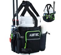 AUMTISC Seau de pêche pour seau de 18 litres, sac de matériel de pêche avec boucle réglable, support de canne et de boîtes de pêche, multi-poches pour équipement de pêche et accessoires