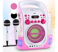 AUNA Kara Liquida - Appareil karaoké, Systeme Karaoke Complet, Effet Lumineux, Lecteur CD, Port USB Compatible MP3, Sortie vidéo, 2 Microphones, Poignée de Transport, 2 entrées Jack - Rose