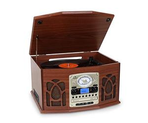 auna NR-620 Retro - Tourne-Disque, Chaîne stéréo, Transmission par Courroie, Max. 45 Tours, Radio, Réception FM/AM, Affichage de la Bande de fréquence, Haut-parleurs 2x2 W, Marron