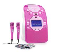 AUNA ScreenStar - Chaîne karaoké, Ecran TFT Couleur 9 cm, Lecteur CD, 3 CD Inclus, Caméra Frontale réglable, Port USB, Deux Microphones dynamiques filaires, Lecture programmable - Rose