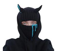 Aunaeyw Bonnet tricoté Y2k avec corne de diable 1 trou - Cagoule au crochet - Masque de ski Shiesty - Bonnet d'hiver chaud et coupe-vent - Accessoires grunge (noir et bleu, taille unique), Soie noire