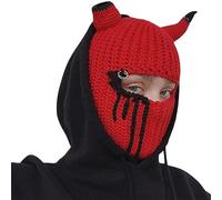 Aunaeyw Bonnet tricoté Y2k avec corne de diable à 1 trou - Cagoule au crochet - Masque de ski chiesty - Bonnet d'hiver chaud et coupe-vent - Accessoires grunge (coins cassés rouge, taille unique),