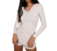 Aunaeyw Combinaison courte une pièce pour femme, manches longues, imprimé floral, col en V, pyjama boutonné pour yoga, coupe ajustée (fleurs fragmentées roses avec flo, M)