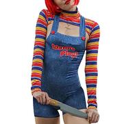 Aunaeyw Costume d'Halloween 2 pièces pour femme - Poupée tueuse de cauchemar effrayante - Ensemble de déguisement de personnage de film - Costume de poupée Chucky (bleu, taille S)