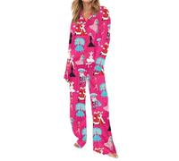 Aunaeyw Ensemble de pyjama de Noël pour femme, imprimé soldat de dessin animé, manches longues, chemise boutonnée à revers avec pantalon, rose rouge, M