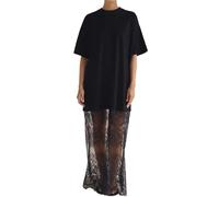 Aunaeyw Robe longue en dentelle patchwork à manches courtes et col rond pour femme - Robe ample en maille transparente - Décontractée, Noir , M