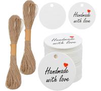 Aundhegrtt Étiquettes Cadeaux en Papier Blanc Faites à la Main avec Amour, 200 Pièces, Rondes de 1,2" pour Les Travaux Manuels, Étiquettes de Mariage pour Bougies avec Cordelette.
