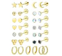 AUNEK Ensemble de 15 Paires de Boucles d’Oreilles en Acier Chirurgical, Petites Boules d’Opale et Clous CZ, Créoles à Dos Plat, Plaqué Or 18K, Cartilage, Tragus, Hélice, Lobe, Coffret Cadeau