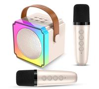 Auney Micro Karaoke Enfants Bluetooth sans Fil avec 2 Micro, avec Magique Voix Change et LED Lumière Qualité Sonore HiFi Mini Microphone,Cadeau Anniversaire pour Enfants De 3 à 18 Ans (Beige)
