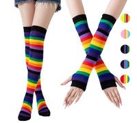 AUNGCSHE Arc en Cie Chaussettes Hautes Femme, Manchette Bras Femme, Cuisse Chaussettes, Chaussettes Rayures, Chaussette Haute Fille, Gants Longs Femme, pour Filles et Femmes