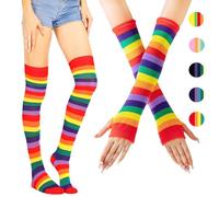AUNGCSHE Arc en Cie Chaussettes Hautes Femme, Manchette Bras Femme, Cuisse Chaussettes, Chaussettes Rayures, Chaussette Haute Fille, Gants Longs Femme, pour Filles et Femmes
