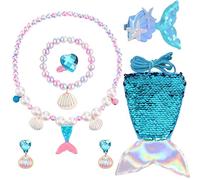 AUNGKWANG 7 Pièces Sirène Ensemble de Bijoux, Parures de Bijoux Sirène Pour Fille, Sac, Collier, Bracelet, Boucles d'Oreilles, Bague et Pince à Cheveux, Cadeaux Pour Filles à Partir de 3 Ans