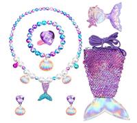 AUNGKWANG 7 Pièces Sirène Ensemble de Bijoux, Parures de Bijoux Sirène Pour Fille, Sac, Collier, Bracelet, Boucles d'Oreilles, Bague et Pince à Cheveux, Cadeaux Pour Filles à Partir de 3 Ans
