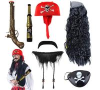 AUNGKWANG Deguisement Pirates, 7 Pièces Pirates Accessoire, BandeauPirate, Cache OeilPirate, PerruquePirate, PistoletPirate, Barbe de Pirate, Longue vue Pirate, pour Carnaval Halloween Fête
