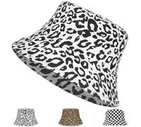 AUNGKWANG Imprimé Léopard Blanc Seau Chapeau, Pêcheur Double Face Chapeau pour Hommes Femmes, Chapeau Bob Pliable, Anti-UV, pour Disco Hip Hop Outdoor
