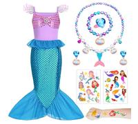 AUNGKWANG Lot de 4 costumes de princesse pour fille, avec collier queue de sirène, dessins animés, tatouages de sirène, pour fille, pour anniversaire, carnaval, fêtes