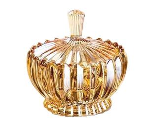 AUNMAS Pot à Bonbons avec Couvercle, élégant Récipient de Rangement en Verre ambré Floral pour la Décoration de la Maison, avec un Design sculpté en Relief 3D, (Pot de bonbons court à rayures ambrées)