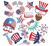 AUOCATTAIL Lot de 25 accessoires photo pour fête patriotique des États-Unis du 4 juillet - Drapeau américain, chapeau d'oncle Sam, découpes patriotiques pour le jour commémoratif de la fierté