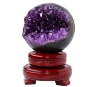 AUOQKQUT Amethyst Druzy Geode Crystal Ball, Stone Sphere with Wooden Base, Feng Shui Purple Decorative Balls Ornament for Home Decoration,7~7.5cm