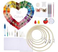 Auped 211 pièces Kit de Broderie Complet - Fil (150 Couleurs), 40 Aiguilles, 3 Tissus Aida + 5 Anneaux en Bambou - Point de Croix pour Adultes/Enfants/Débutants - Prêt à l'Emploi