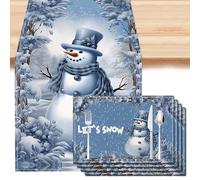 Auped 5 Ensemble de Drapeaux de Table Contient 1 Chemin de Table Noël Bonhomme Neige 183x33cm+ 4 Pièces Sets de Table de Noël Tapis de Table Lavable 30*45cm Lavable Chemin de Table