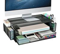 AUPSEN Support de moniteur d'ordinateur à 2 niveaux avec tiroir et 2 porte-crayons, support de moniteur en métal, organiseur de bureau d'ordinateur et accessoires pour ordinateur portable, ordinateur,
