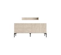 Concept Usine Buffet AURA effet travertin 180 cm, 6 portes, étagère, pieds noirs – Doré