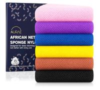 AURAE Djampe - Filet de Douche Africain Set de 6 - Éponge Africaine Exfoliante pour Bain & Douche - African Net Sponge Douce, Durable & Séchage Rapide, Gommage Corps & Dos - Lot de 6 Couleurs
