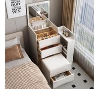 AuraFurn Coiffeuse 4 en 1 avec miroir pliable à 90°, petite coiffeuse de maquillage avec espace de rangement, un banc souple et une armoire latérale, 3 tiroirs, éclairage réglable, plateau en verre