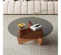 AuraFurn Table basse ronde en verre avec base en bois croisée, tables d'appoint modernes en verre trempé, petite table à thé pour salon et chambre à coucher, table de salon, table de canapé (gris, 80