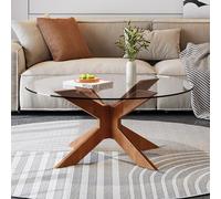 AuraFurn Table Basse Ronde en Verre avec Base en Bois, Table d'appoint Moderne Verre Trempé, Petite Table Théière pour Salon et Chambre Salon Table Basse (Transparent, Ø: 70cm)