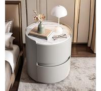 AuraFurn Table de chevet ronde avec plateau en marbre - Table basse moderne en cuir avec 2 tiroirs en bois massif - Pour chambre à coucher, salon - Gris - 40 x 40 x 50 cm