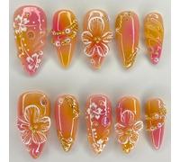 AuraFusion 24Pcs Press on Nails - Design de Fleurs Jaunes, Lignes Simples, Moyen Amande, Faux Ongles entièrement couvrants pour Femmes