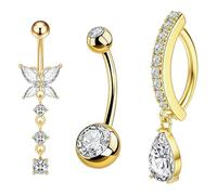AuraFusion 3pcs bijoux de piercing nombril 10mm en or acier chirurgical : papillon, double boule, pendentif lune avec goutte. Bijou féminin élégant.