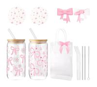 AuraFusion Aesthetic Glass Cups - Ensemble de 2, Verre de 16 oz avec Motif Papillon et Fleur, Cadeau pour Femme en Rose, avec Couvercle et Paille