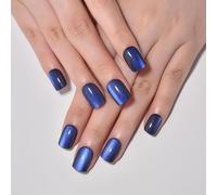 AuraFusion Königsblau Cat Eye Echt Courte Press-on Ongles Carrés, délicats Courts carrés Ongles pour Femmes Cadeau, Brillants Scintillants Bleus Faux Ongles réutilisables, Gel Doux