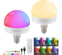 Auraglow Lot de 2 ampoules LED rechargeables sans fil avec télécommande à intensité variable RVB à changement de couleur - Fonctionne avec piles - Adaptateur E14