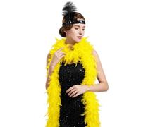 AURALIN Boa en Plumes Jaune et Coiffe Noire à Sequins 2 m 80 g | Plumes naturelles de dinde en dix couleurs pour fêtes, costumes, spectacles, carnaval, photobooths et déguisements