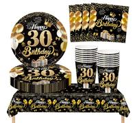 AURALIN Service de table pour fête d'anniversaire 30 ans 53P pour 16 | Comprend 16 assiettes en carton, 16 gobelets en carton, 20 serviettes et une nappe de 137 × 274 cm avec motif jalon assorti
